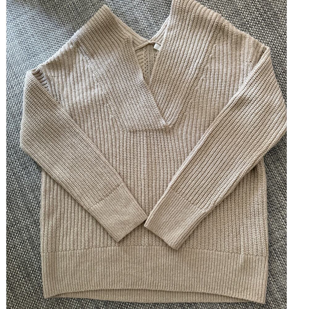 VINCE Overlap Wool Cashmere V-Neck & Back Ribbed Knit Slouchy Sweater S Beige